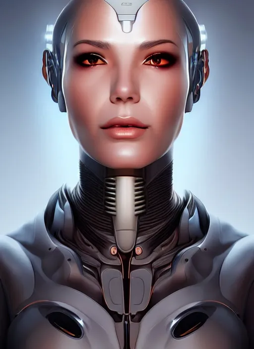 Image similar to portrait of a cyborg woman by Artgerm, (((((face turns left))))) ((((((((((face turns right)))))))))), eyes closed , biomechanical, hyper detailled, trending on artstation