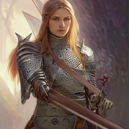 Prompt: Portrait of a beautiful female knight wielding a claymore, D&D, fantasy, intricate, elegant, highly detailed, digital painting, artstation, character concept art, character design, smooth, sharp focus, illustration, art by artgerm and greg rutkowski and alphonse mucha