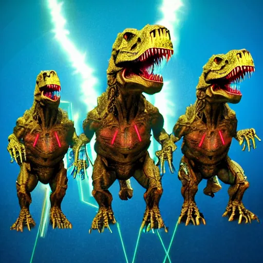 Image similar to three headed cyborg tyrannosaurus rex with lasers.