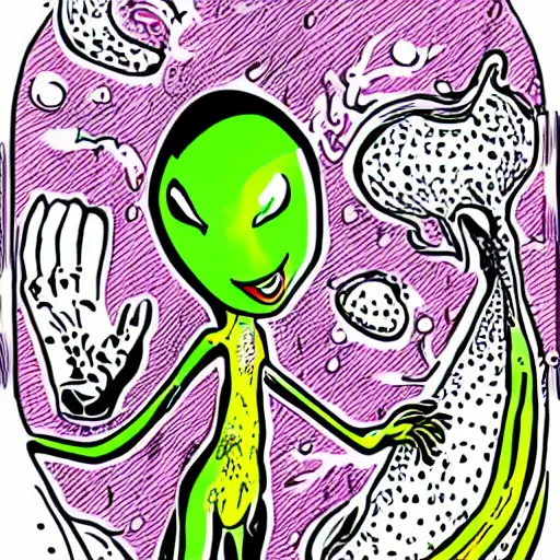 Prompt: pop - wonder - nft alien - meat half - tone - art of a feminine energy wading through the goopy - muck and slithering about the castle side delights on a melted cheesy day in a hand - drawn vector, svg, cult - classic - comic - style