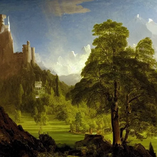 Prompt: A castle built upon a mountaintop, overlooking a large magical tree in the meadow, by Thomas Cole and Albert Bierstadt