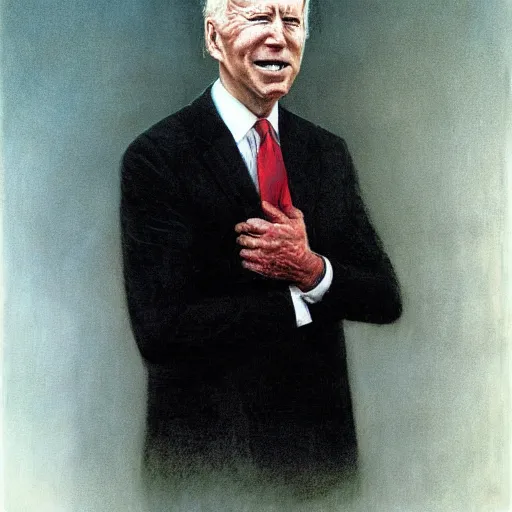 Image similar to presidential portrait of joe biden with smoking eyes and mouth as slenderman, by beksinski, jon mcnaughton, and stephen gammell