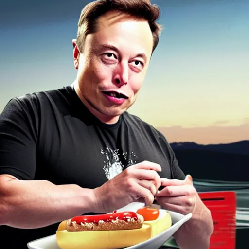 Image similar to Elon Musk eating a hotdog, hyper realistic, HD, HQ, photo realistic