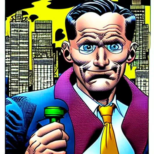 Image similar to drawing gotham city's finest investigative reporter jack ryder with 1 4 tiny jokers all in his mouth, 4 k art by brian bolland, graphic novel art