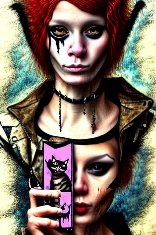 Image similar to punk rock girls making selfie with cats and smoking in jungle , mad max jacket, post apocalyptic, renaissance, highly detailed, digital painting, oil painting by Leonardo Da Vinci, hyper realistic style, fantasy by Olga Fedorova