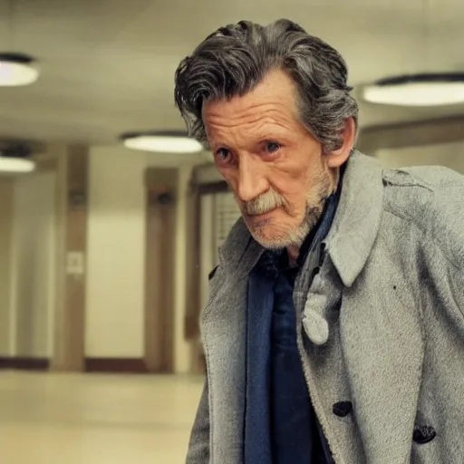 Image similar to tom holland as a rough dirty old man with a scruffy beard in a dark blue trenchcoat as the new doctor who, cinematic, volumetric lighting, f 8 aperture, cinematic eastman 5 3 8 4 film, photorealistic