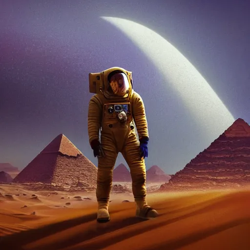 Image similar to epic portrait an space astronaut flying away from an desert world, blurry backround, pyramids, sandstorm, side profile, digital painting, artstation, concept art, soft light, hdri, smooth, sharp focus, illustration, fantasy, intricate, elegant, highly detailed, D&D, matte painting, in the style of Greg Rutkowski and Alphonse Mucha and artemisia, 8k, highly detailed, jurgens, rutkowski, bouguereau, pastoral, rustic, georgic