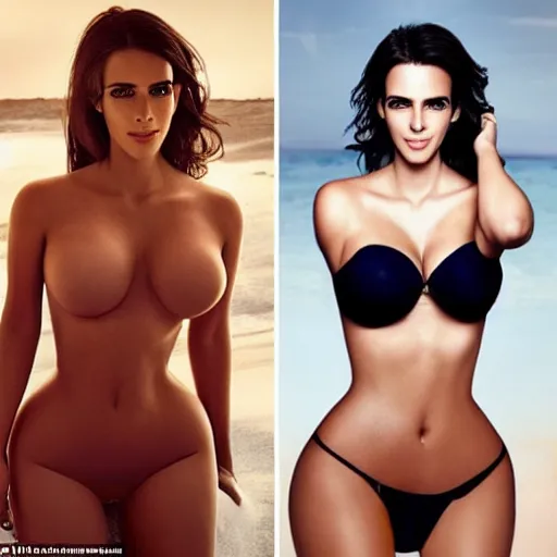 Image similar to a woman who is a genetic combination of kim kardashian and emma watson face and upper - body focus