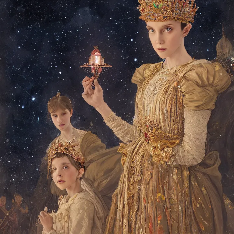 Image similar to a beautiful painting of a crowned princess in an ornate gown resembling millie bobby brown watching the lantern festival in ancient london, at night with a sky full of stars, intricate, elegant, highly detailed, digital painting, artstation, concept art, by krenz cushart and artem demura and alphonse mucha