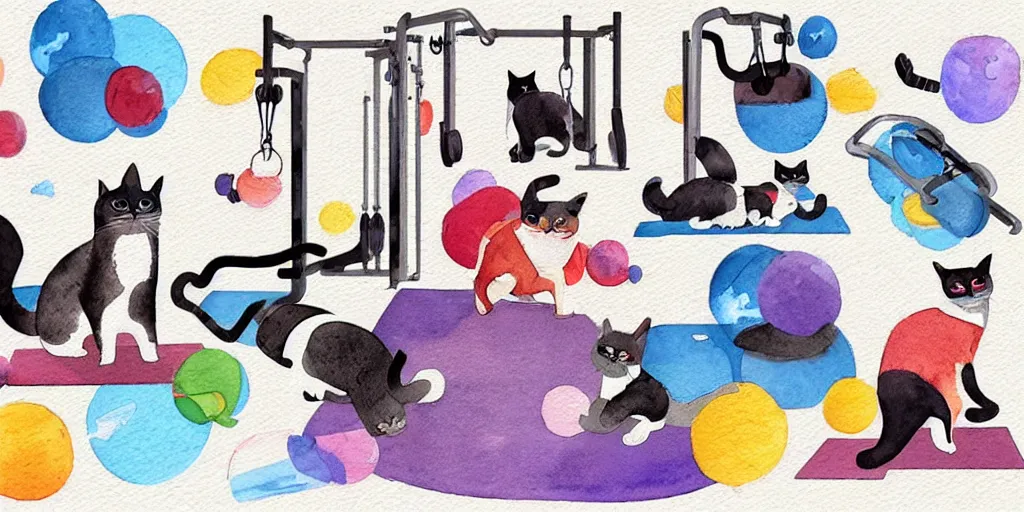 Image similar to watercolor illustration style, cute! cats training in fitness studio, sport equipment lay near