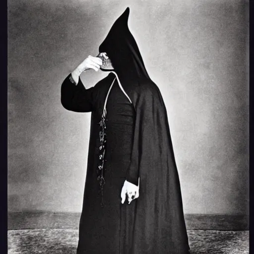 Prompt: salvador dali wearing a dark hooded cloak