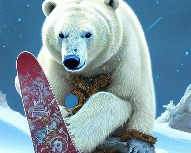 Image similar to a friendly polar bear from final fantasy, holding a snowboard, deep focus, d & d, fantasy, intricate, elegant, highly detailed, digital painting, artstation, concept art, matte, sharp focus, illustration, hearthstone, art by artgerm and greg rutkowski and alphonse mucha