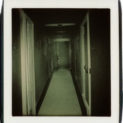 Image similar to a terrifying insect monster at the end of a hallway, dark!, creepy, nightmare fuel!!!, unsettling, uncanny valley!, old polaroid, expired film,