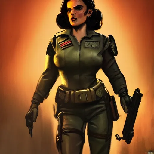 Prompt: fallout 5, concept art brunette rugged authoritarian female enclave officer portrait, concept art, comicstyle, atmospheric lighting, painted, intricate, volumetric lighting, beautiful, rich deep colors masterpiece, sharp focus, ultra detailed by jack kirby, ignacio fernandez rios, thierry doizon