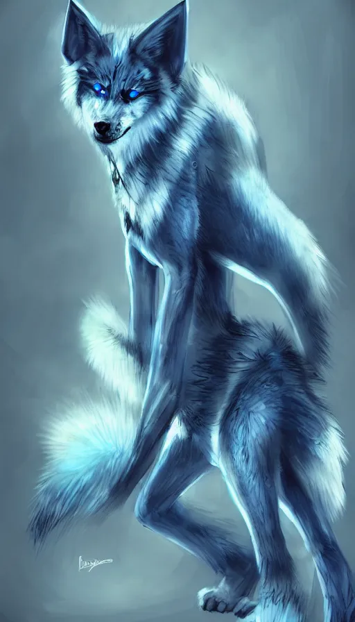 Image similar to dieselpunk blue wolf with fuzzy tail, concept art, dramatic, fantasy, pixiv