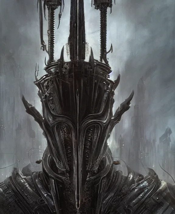 Image similar to steampunk style Sauron, futuristic technology, by HR Giger and Beksiński and Stephan Martiniere , 4k resolution, detailed, trending on artstation