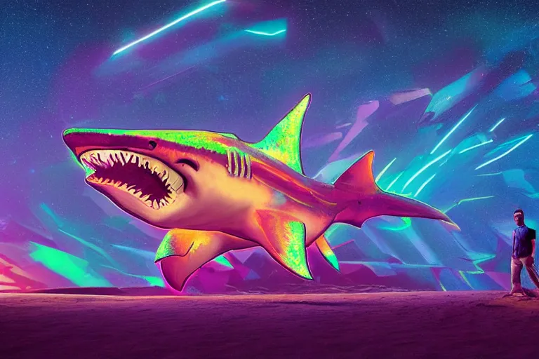 Image similar to a holographic projection of a huge colorful lucid shark made of light beams appears in the desert at night, a man is stunned, by anton fadeev, highly - detailed, fantasy, sci - fi