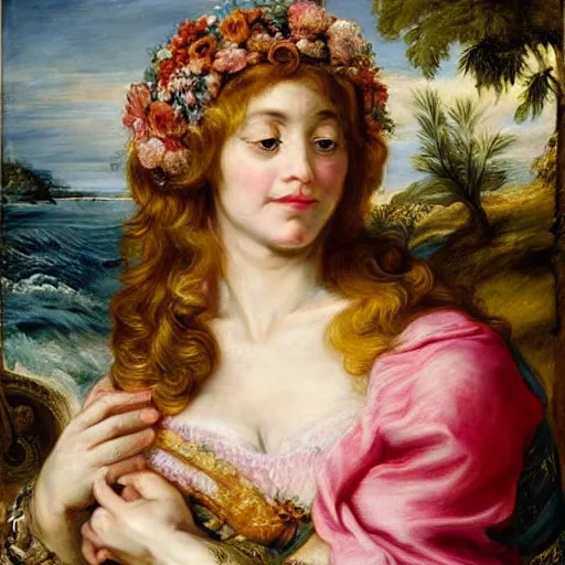 Image similar to an ultradetailed mythological oil painting of a beautiful woman with long brown hair, full body, wearing pink floral gown, lying asleep inside a giant scallop shell, near the seashore, intricate lines, elegant, renaissance style, by peter paul rubens