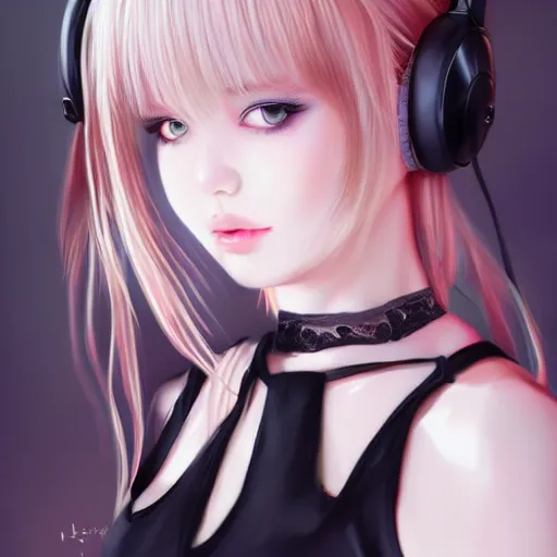 Image similar to realistic detailed semirealism beautiful gorgeous cute Blackpink Lalisa Manoban white hair white cat ears blue eyes, wearing black camisole maid outfit, headphones, black leather choker full HD 4K high resolution quality WLOP, Aztodio, Taejune Kim, Guweiz, Pixiv, Instagram, Artstation