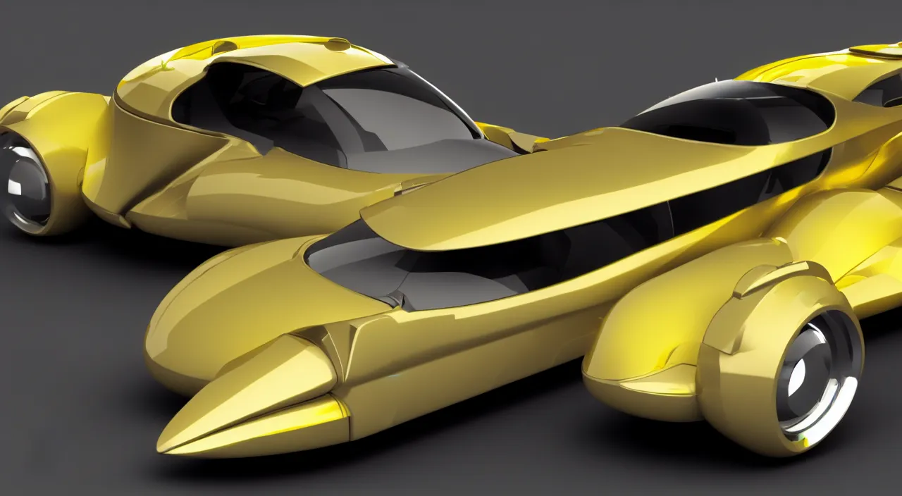 Image similar to 3d vray render of a futuristic art deco car from a 60s sci-fi movie dramatic yellow lighting syd mead channah yata