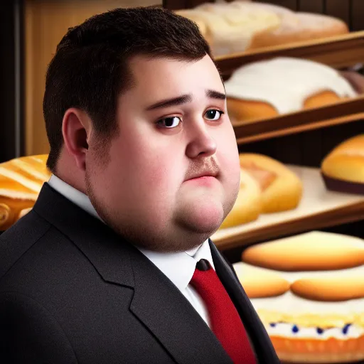 Prompt: Close up portrait of a chubby man wearing a brown suit and necktie with a bakery the background. Photorealistic. Award winning. Dramatic lighting. Intricate details. UHD 8K. He looks guilty.