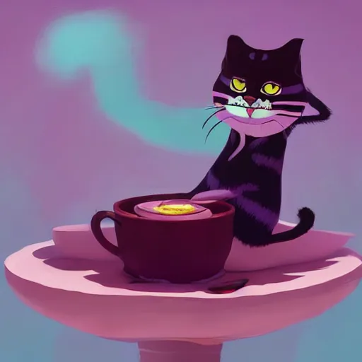 Image similar to cheshire cat drinking tea, in the style of atey ghailan and james gilleard and goro fujita, exquisite lighting, art, very coherent, trending on artstation