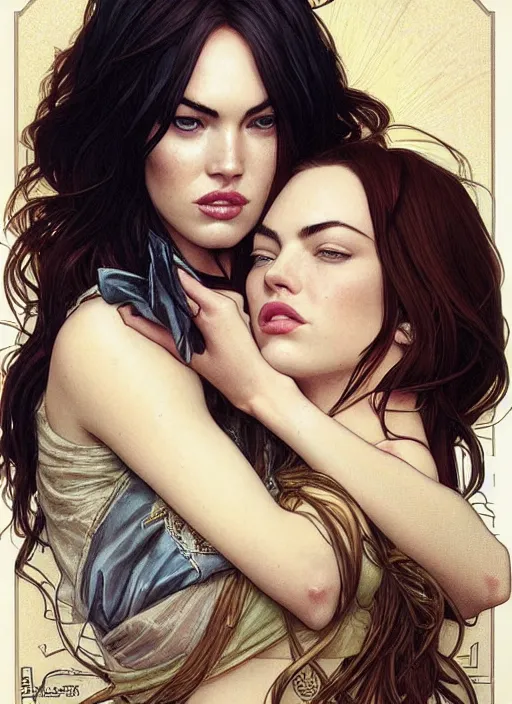 Prompt: megan fox kissing emma stone. beautiful detailed face. by artgerm and greg rutkowski and alphonse mucha