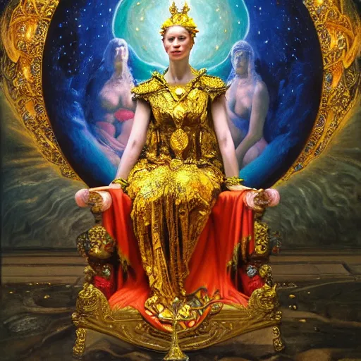 Prompt: Realistic painting of beautiful high cosmic magic fantasy priestess woman in detailed ornate costume, sitting on a throne in a throne room in a palace dramatic lighting, high-detailed oil painting by Ilya Repin, William Blake, Michelangelo da Caravaggio, Alex Grey and Beksinski, masterpiece, 4k
