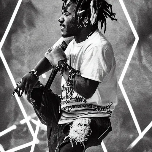 Prompt: lil uzi vert, performing at live aid, photorealistic, black and white, hyper detailed —n 4