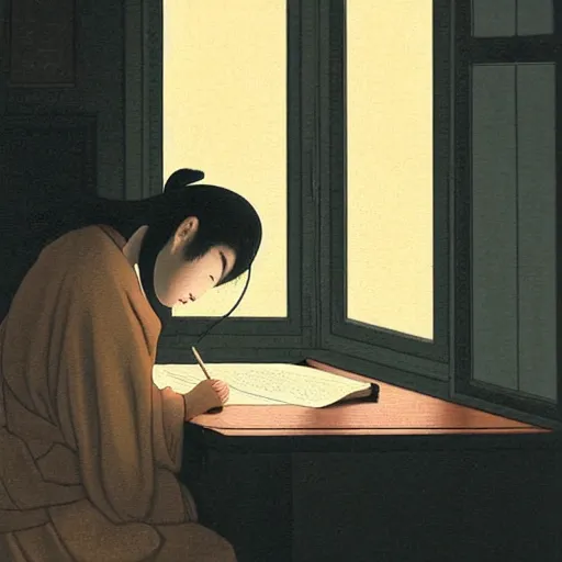 Image similar to An expressive painting by Hasui Kawase of a Japanese girl sat writing in a journal while wearing headphones illuminated by a desk lamp, in the background is a window overlooking a rainy night-time city, with a cat resting on the window cill, a relaxed and dreamy atmosphere, highly atmospheric with dynamic lighting, highly detailed, 8K