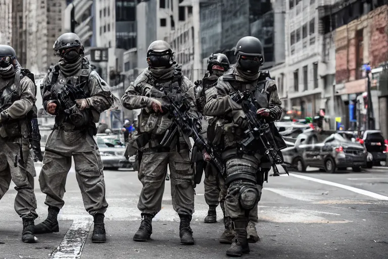 Image similar to Mercenary Special Forces soldiers in grey uniforms with black armored vest and helmets in urban warfare in New York 2022, Canon EOS R3, f/1.4, ISO 200, 1/160s, 8K, RAW, unedited, symmetrical balance, in-frame, combat photography