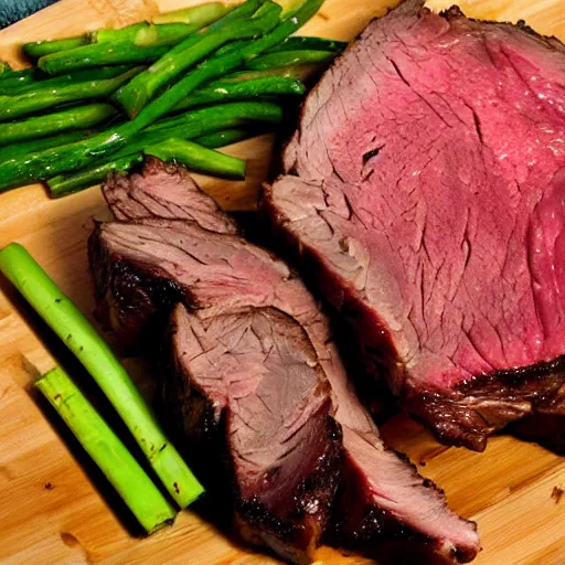 Image similar to chuck roast norris, food photo of chuck norris face on chuck roast