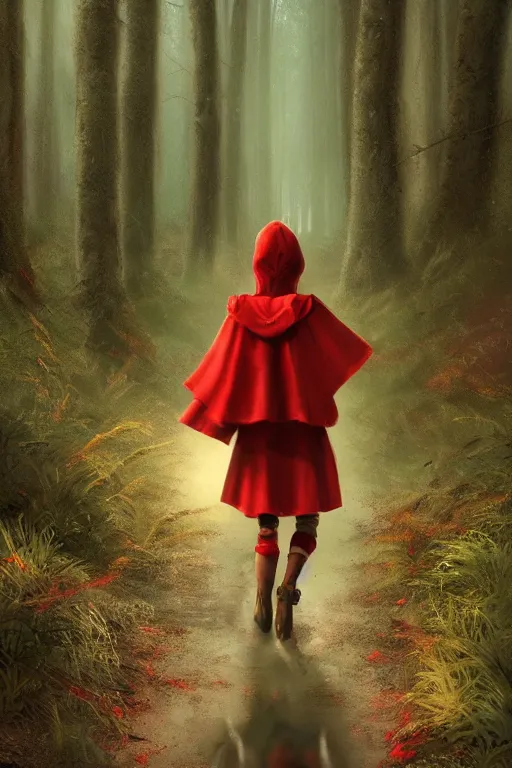 Prompt: highly detailed digital matte painting of a little red riding hood walking through the forest, carrying basket in her hand, artstation, detailed forest, stunning volumetric lighting, well focused, smooth 4K