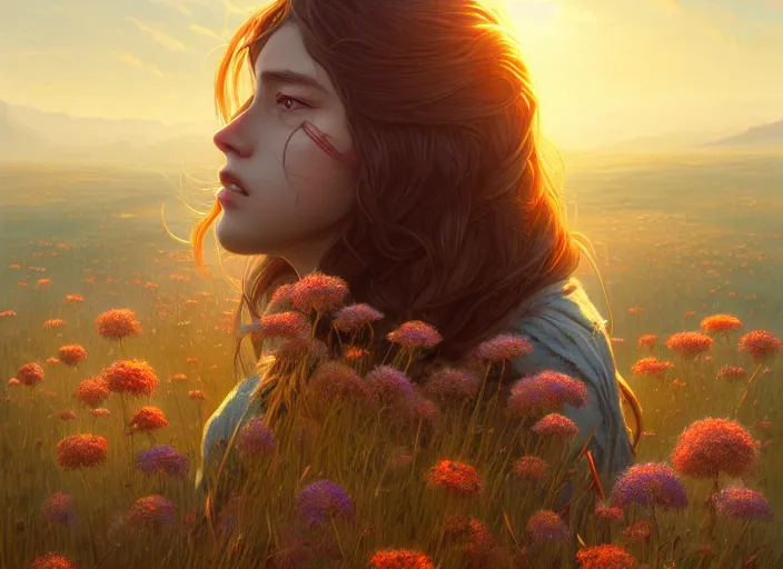 Image similar to detailed intricate digital illustration by greg rutkowski and artgerm and wlop and sanford robinson gifford ; beautiful meadow with colorful flowers and puffy clouds in background ; 1 3 mm film, arri alfa anamorphic lens ; sharp focus, golden hour lighting, trending on artstation 4 k ; close view