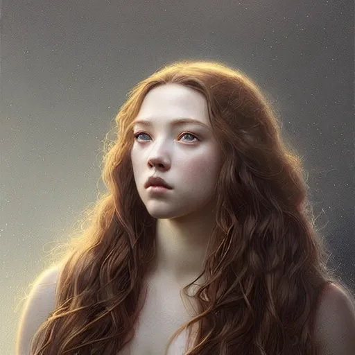 Prompt: beautiful striking Pre-Raphaelite Sydney Sweeney by Artgerm and Greg Rutkowski, pale, intricate, elegant, highly detailed, digital painting