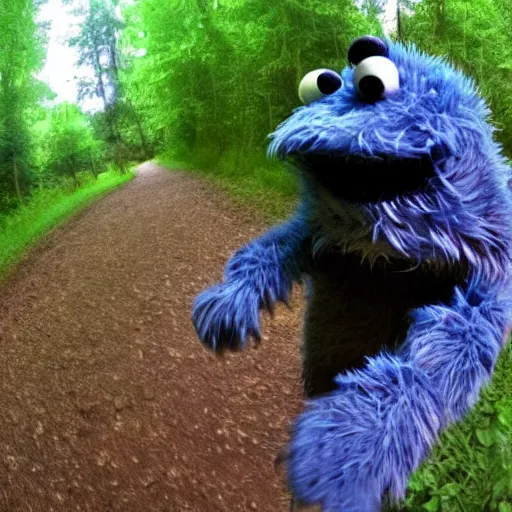 Image similar to Cookie monster caught on trail cam, trail camera footage, wide angle lens, night vision
