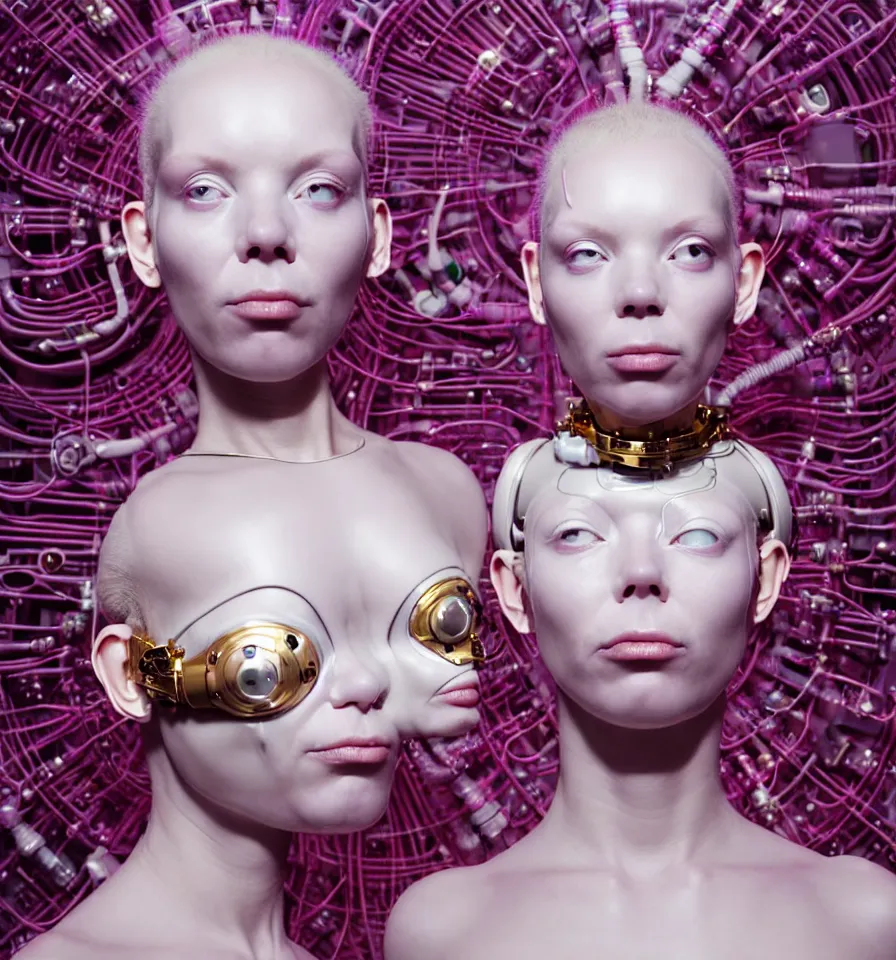 Image similar to portrait of a alien futuristic cyborg wearing a gold pipes fitted beauty mask and pink hair buns, wearing a black bodysuit by alexander mcqueen, cream white background, perfectly symmetric, soft diffused light, biotechnology, humanoid robot, hanging electrical cables and pipes, bjork aesthetic, translucent, by rineke dijkstra, intricate details, highly detailed, masterpiece,