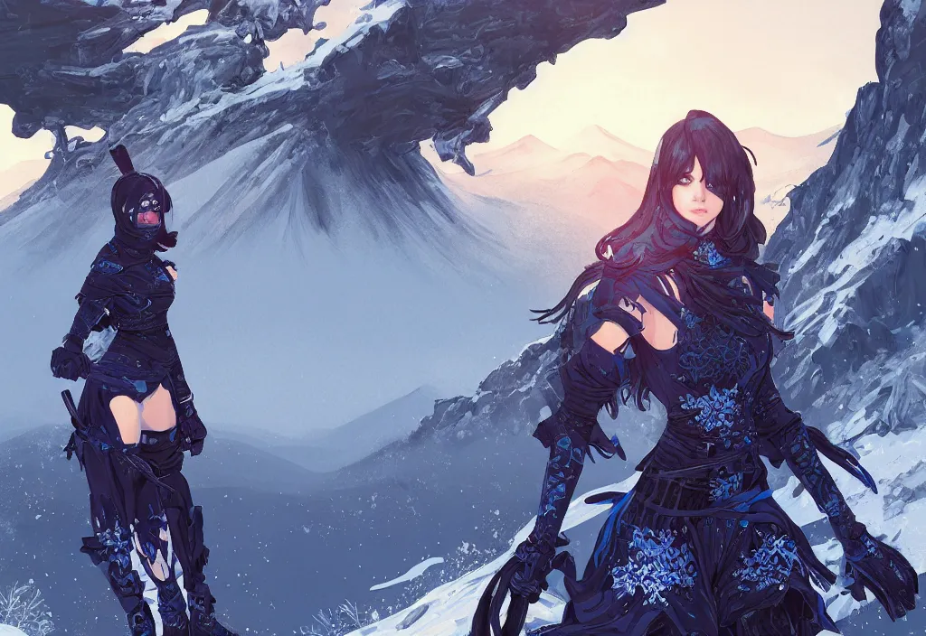 Image similar to portrait ninja gaiden girl, black and blue ninja wardrobe, at snowy fuji mountain sunrise, ssci - fi and fantasy, intricate and very very beautiful, detailed, digital painting, artstation, concept art, smooth and sharp focus, illustration, art by tian zi and wlop and alphonse mucha