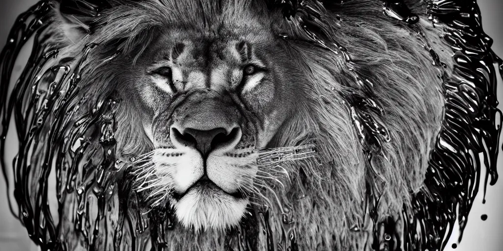 Image similar to a lion made of ferrofluid bathing inside the bathtub full of ferrofluid on a photography studio, dripping and drooling ferrofluid. dslr, wrinkles, ferrofluid, photography
