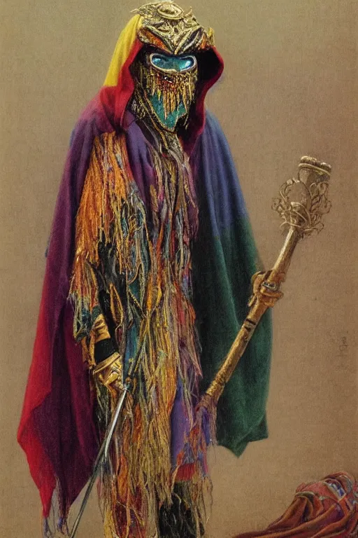 Image similar to a shaman in a rainbow hooded poncho, a venetian mask and holding a gold cane. by alan lee