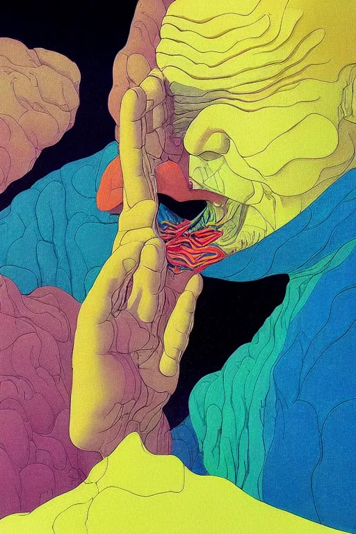 Prompt: a colorfukl vibrant closeup portrait of a simple man licking a tab of LSD acid on his tongue and dreaming psychedelic hallucinations, by kawase hasui, moebius, Edward Hopper and James Gilleard, Zdzislaw Beksinski, Steven Outram colorful flat surreal design, hd, 8k, artstation