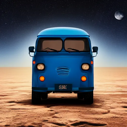 Image similar to a dark blue tuk tuk traveling on the surface of the moon, moon craters, night sky, milky way, hard lighting, matte painting, concept art, 4k