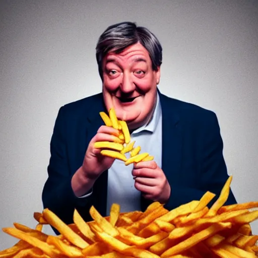 Image similar to photo of [ a single french fry chip ] shaped into stephen fry as a pixar character hybrid intercross mix cinematic lighting