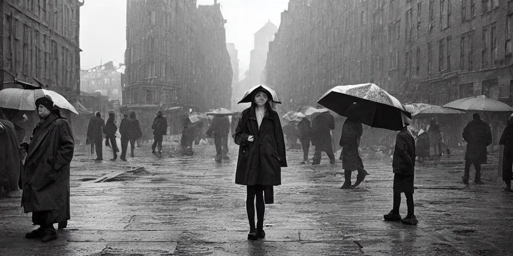 Prompt: medium shot | sadie sink in hoodie | lonely market stall selling umbrellas | in ruined square, pedestrians on both sides | steampunk tenement windows in background : 3 5 mm film, anamorphic, from schindler's list by steven spielberg. cyberpunk, cinematic atmosphere, detailed and intricate, perfect anatomy