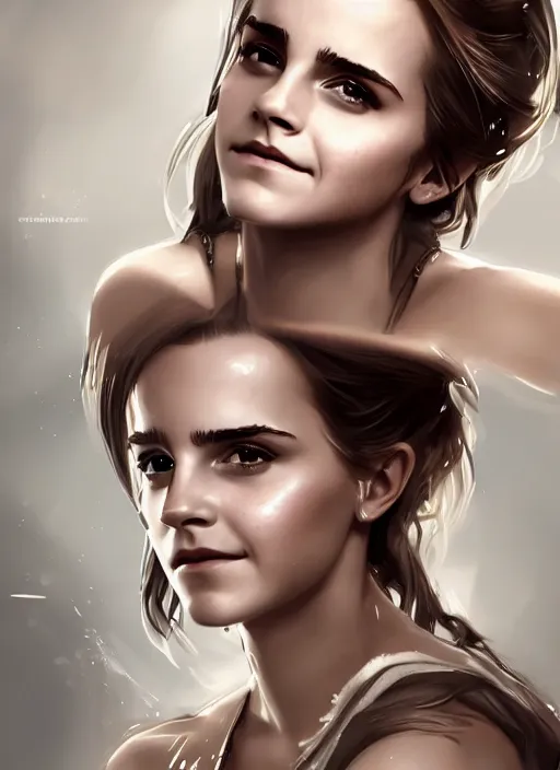 Image similar to a highly detailed illustration of emma watson washing hair, dramatic smiling pose, perfect face, intricate, elegant, highly detailed, centered, digital painting, artstation, concept art, smooth, sharp focus, league of legends concept art, wlop