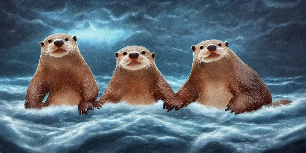 Prompt: adorable otters falling in love holding hands side by side, all alone in the middle of a scary storm at sea, fantasy illustration, cinematic, award winning, romantic, detailed trending on artstation, masterpiece
