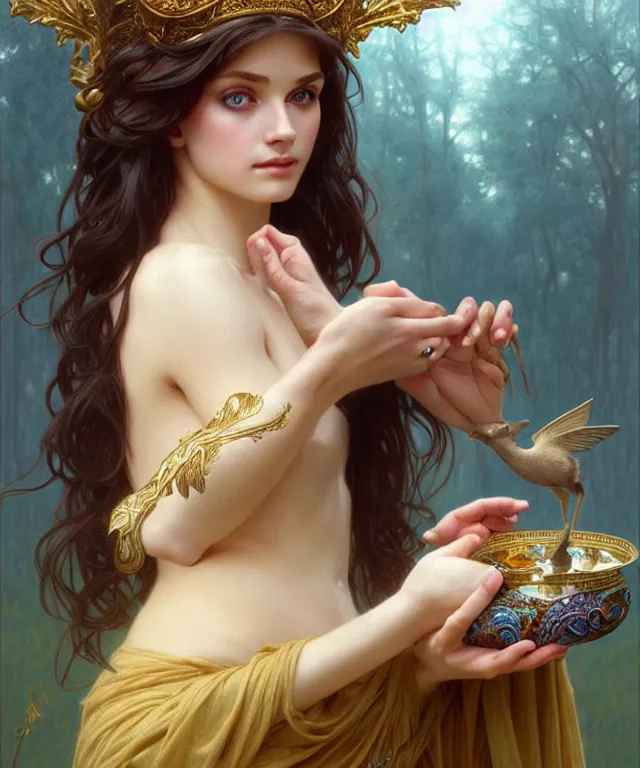 Image similar to young goddess feeding a dear, portrait, blue eyes, beautiful face, long hair, head in focus, fantasy, ornamental, intricate, elegant, sensual, highly detailed, digital painting, artstation, concept art, smooth, golden ratio, sharp focus, illustration, art by artgerm and Greg Rutkowski and Alphonse Mucha and Karol Bak