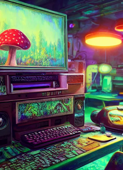 Image similar to A realistic painting of a vintage computer, with a psychedelic mushroom on the screen, in a post apocalyptic setting, unreal 5, DAZ, hyperrealistic, octane render, RPG portrait, dynamic lighting