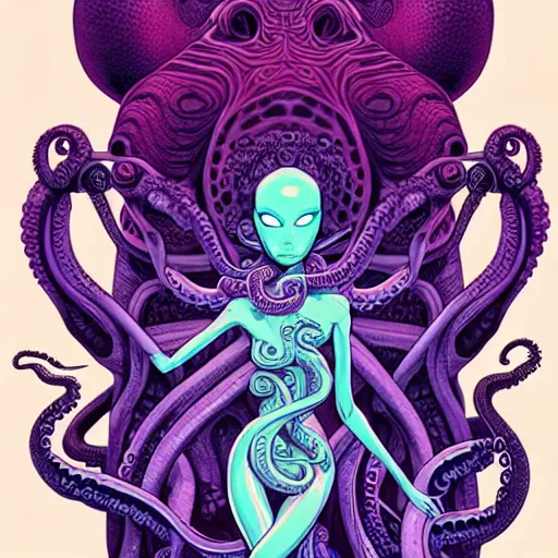 Prompt: alien goddess with body of octopus, extremely detailed, sharp focus, wide view, full body shot, smooth, digital illustration, by james jean, by rossdraws, frank franzzeta, sakimichan