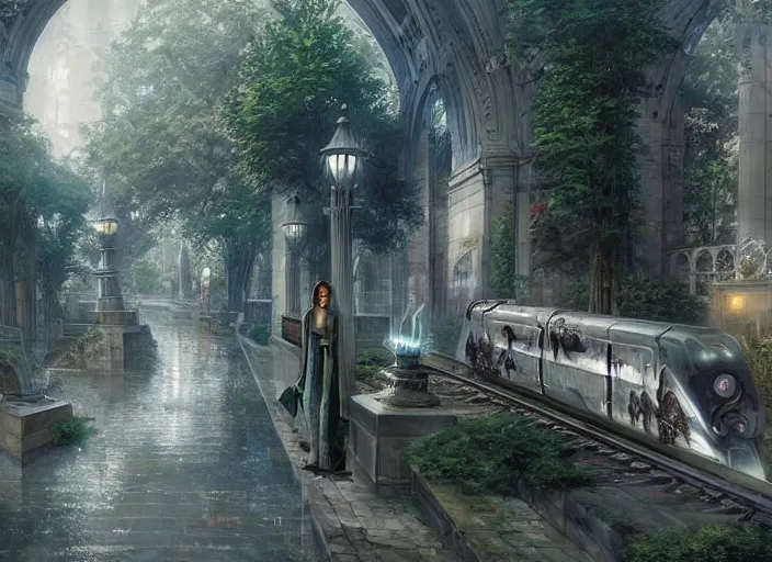 Image similar to A train subway inside a beautiful elven city made of white marble, anime, lush trees, fountain, statue, big clock, trains, a fantasy digital painting by Greg Rutkowski and James Gurney, trending on Artstation, highly detailed